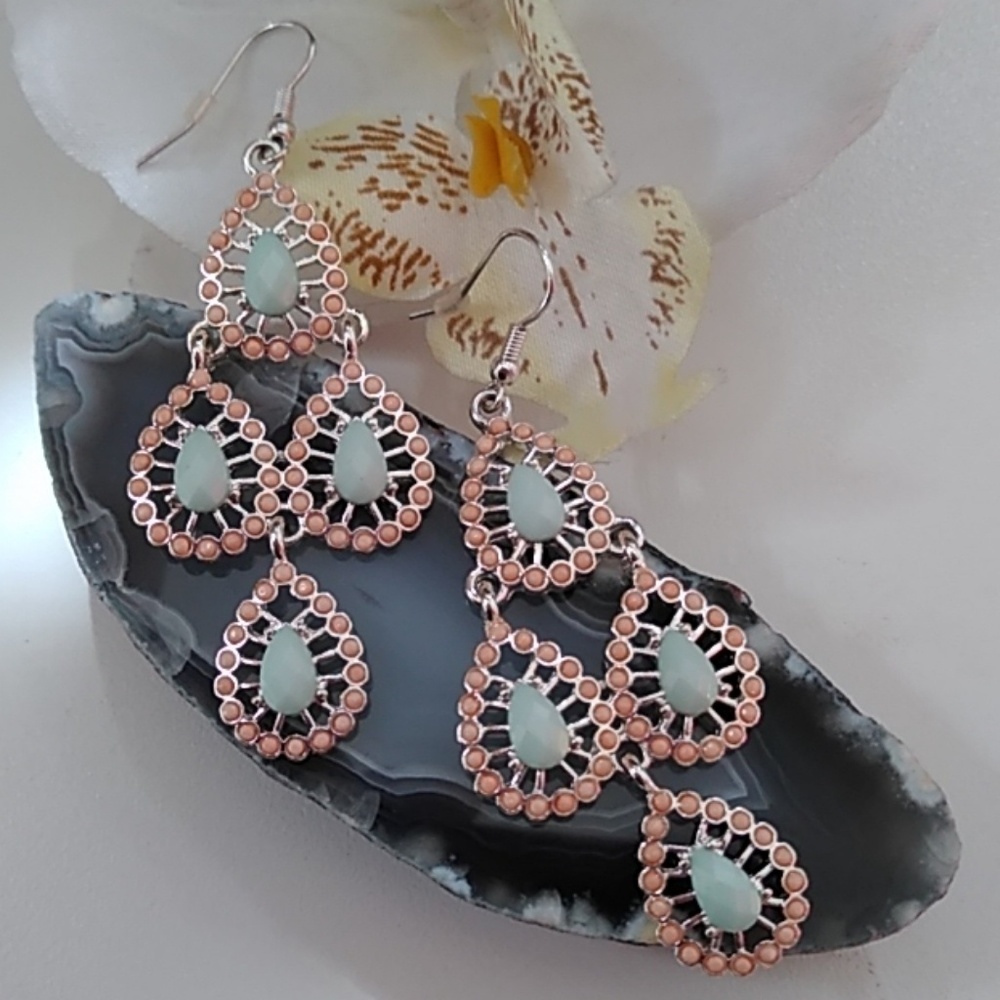 BOHO TEARDROP DANGLE EARRINGS CORAL AQUA MINT